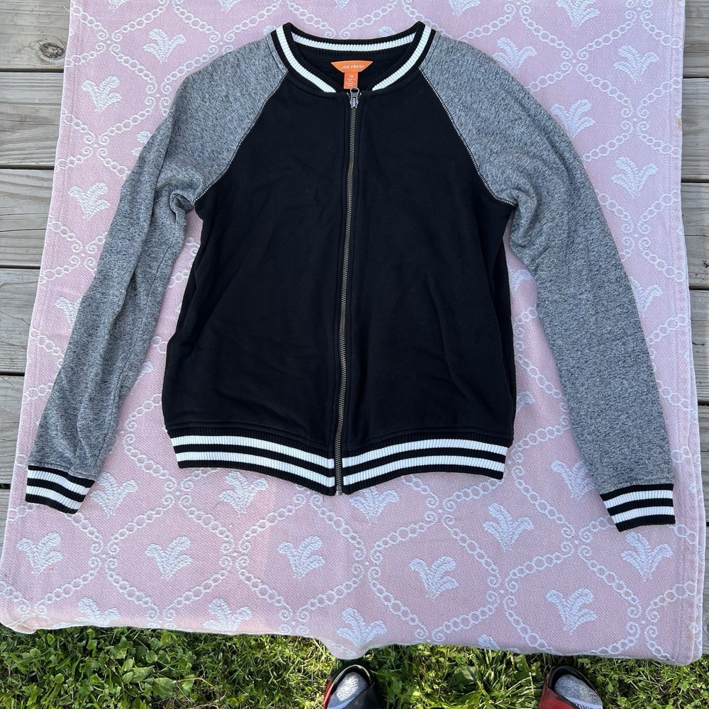 Joe Fresh Womens Large Black Grey Varsity Zip Up Jacket Pockets WF4KI90151